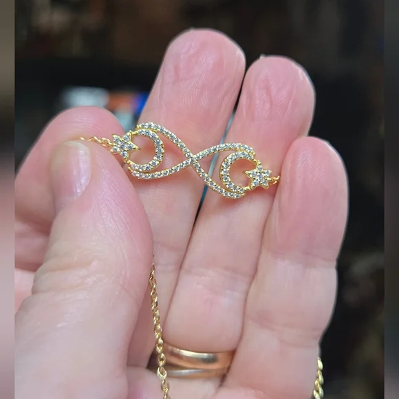 White Sapphire Sterling & Gold Infinity Crescent Moon & Star Bracelet 8" - Picture 5 of 10